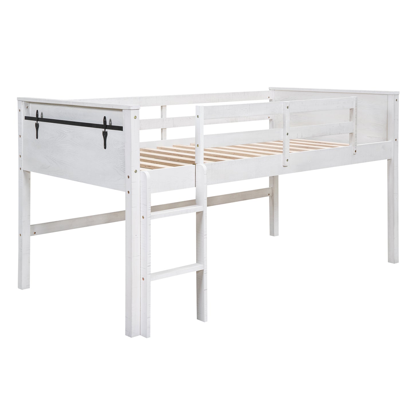 Wood Twin Size Loft Bed with Hanging Clothes Racks, White