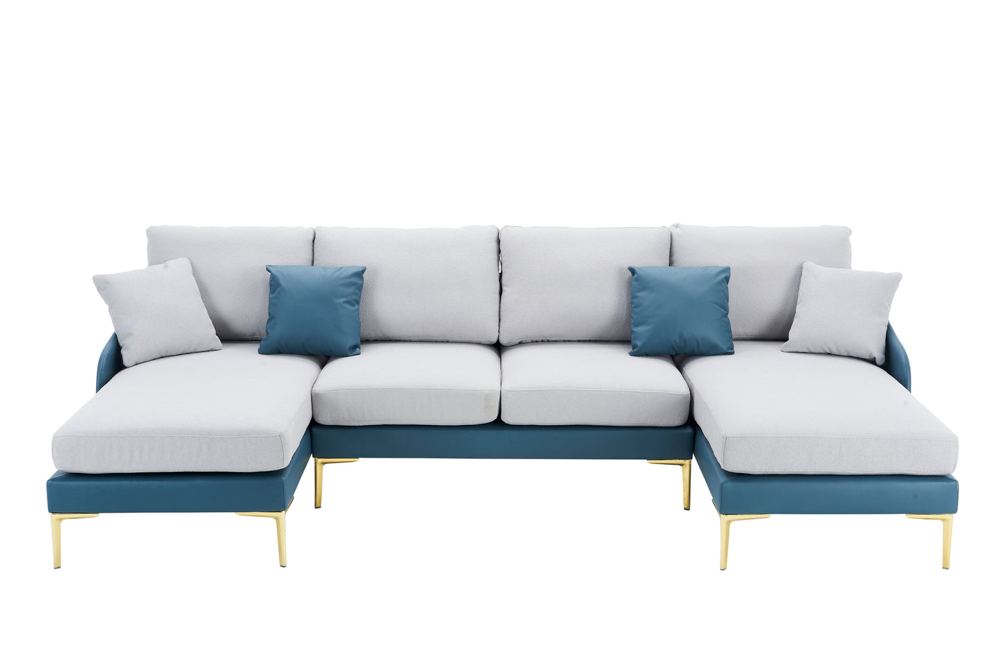 Modern large area Linen+Leathaire fabric color matching segmented sofa, ultra wide lounge chair, golden legs, U-shaped, blue+light gray