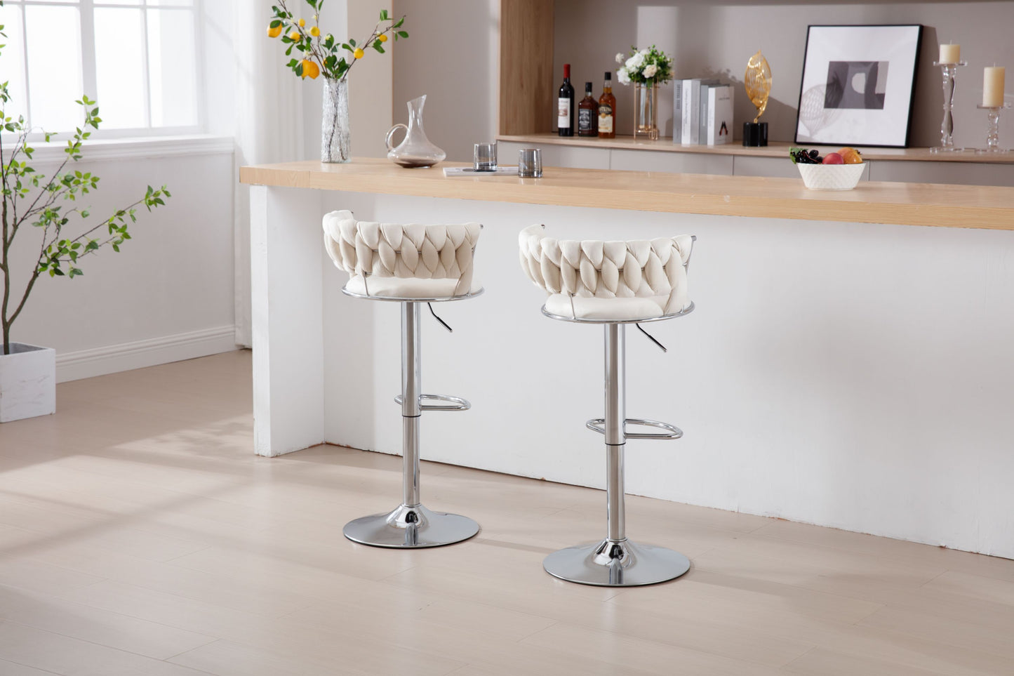 Set of 2  Bar Stools,with Chrome Footrest and Base Swivel Height Adjustable Mechanical Lifting Velvet + Bar Stool-BEIGE