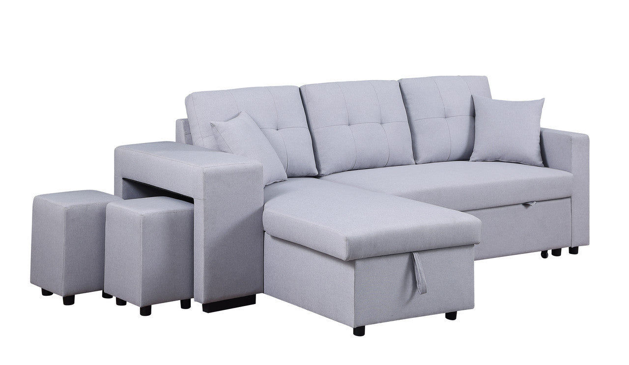 Dennis Light Gray Linen Fabric Reversible Sleeper Sectional with Storage Chaise, Stools, Throw Pillows