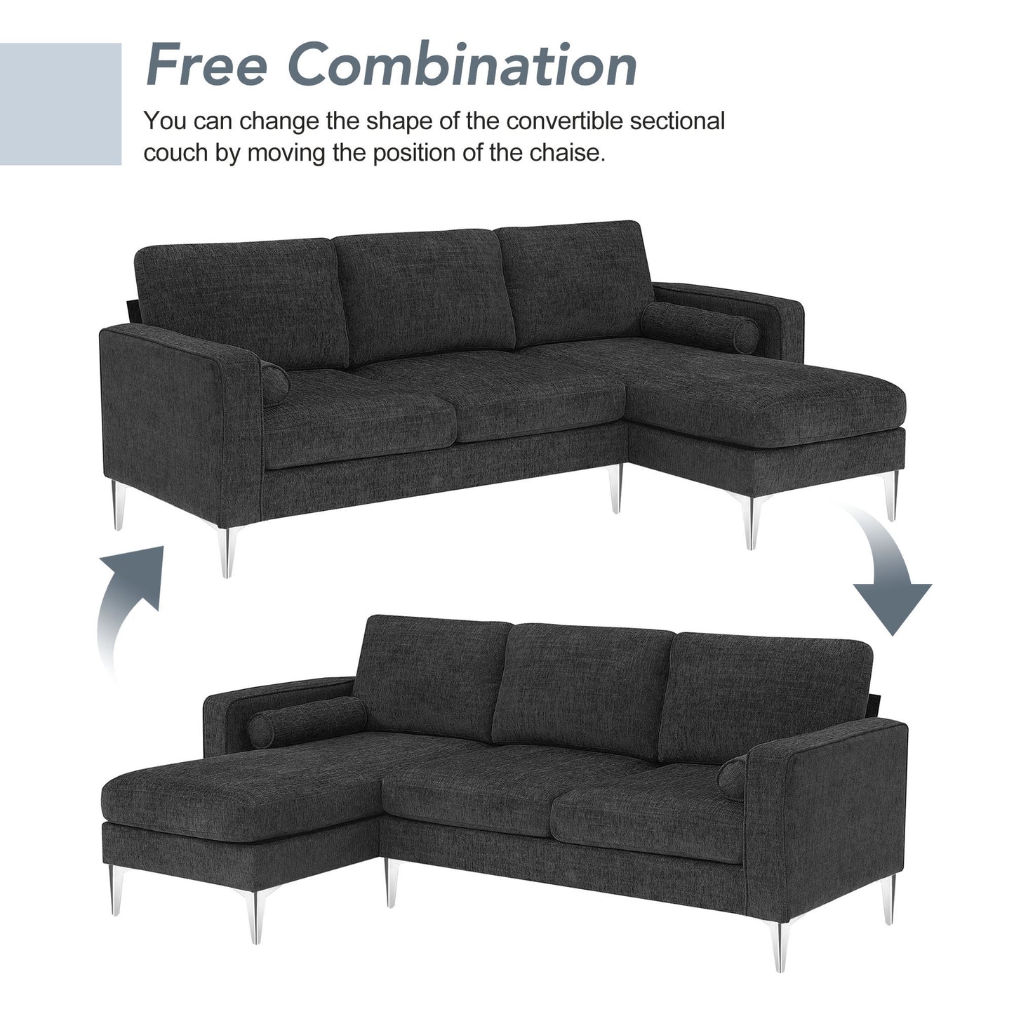 86 L-Shaped Convertible Sectional Sofa with Reversible Chaise and Pillows