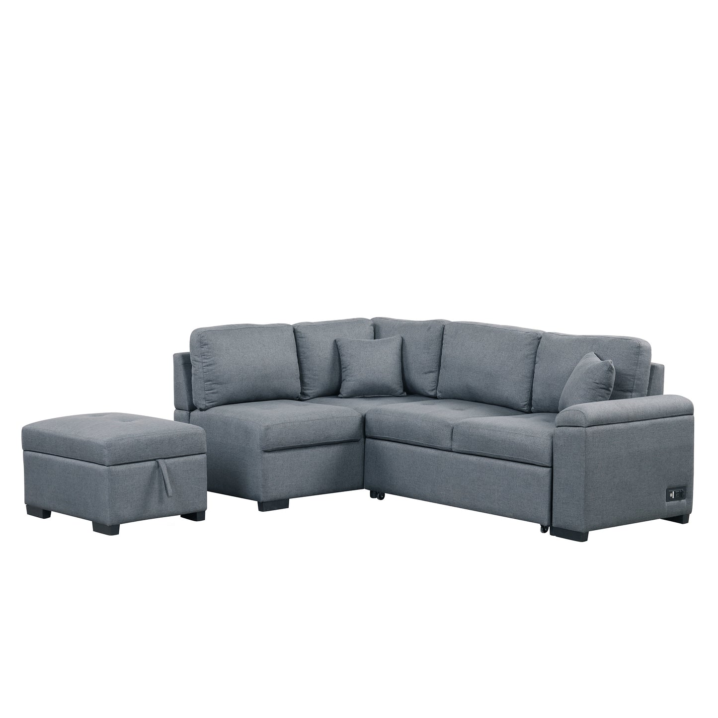 L-Shaped Sleeper Sectional Sofa with Ottoman and USB Charge, Dark Gray