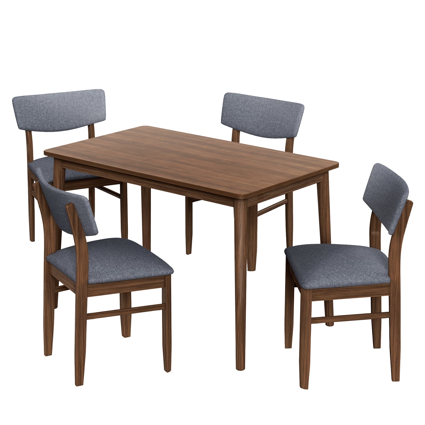 5 Pieces Modern Dining Table Set with 1 Rectangular Table and 4 Chairs Fabric Cushion for 4 All Rubber wood Kitchen Dining Table for Dining Room Kitchen Small Space Walnut Color and Grey