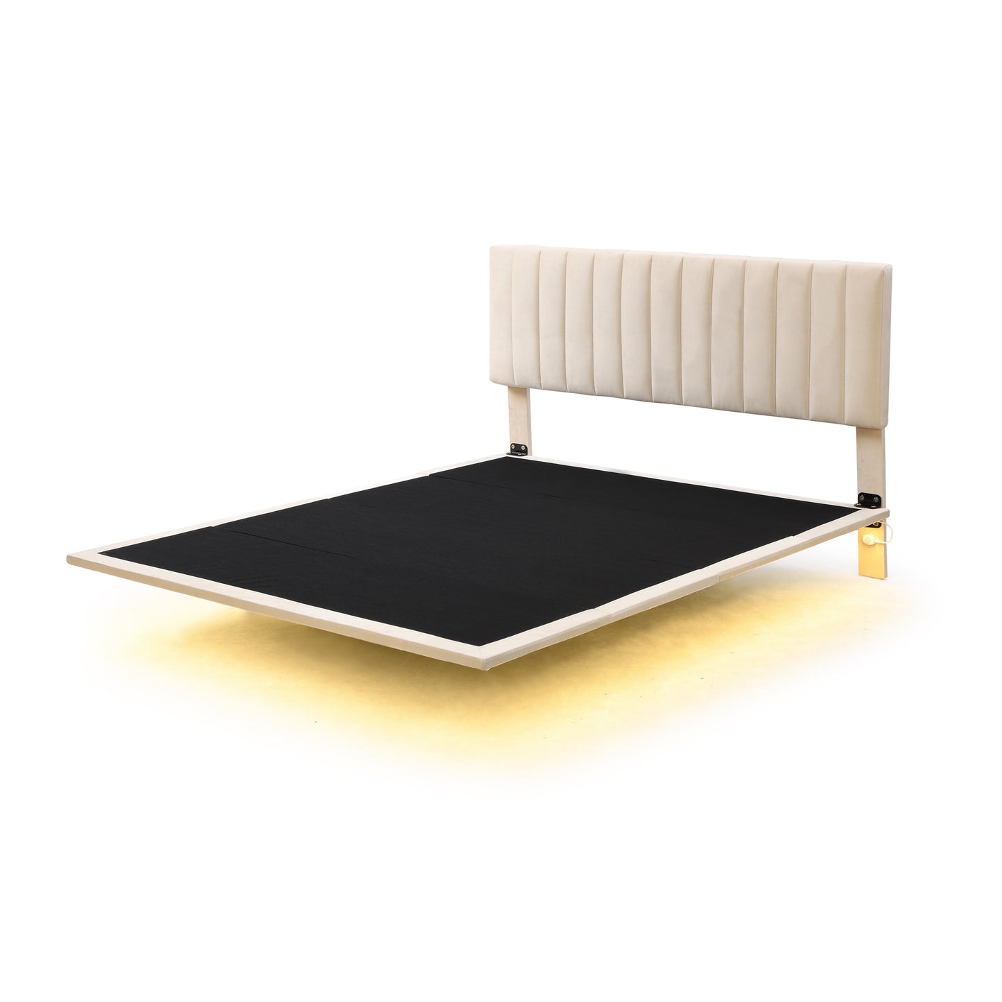 Queen Size Upholstered Bed with Sensor Light and Headboard, Floating Velvet Platform Bed, Beige