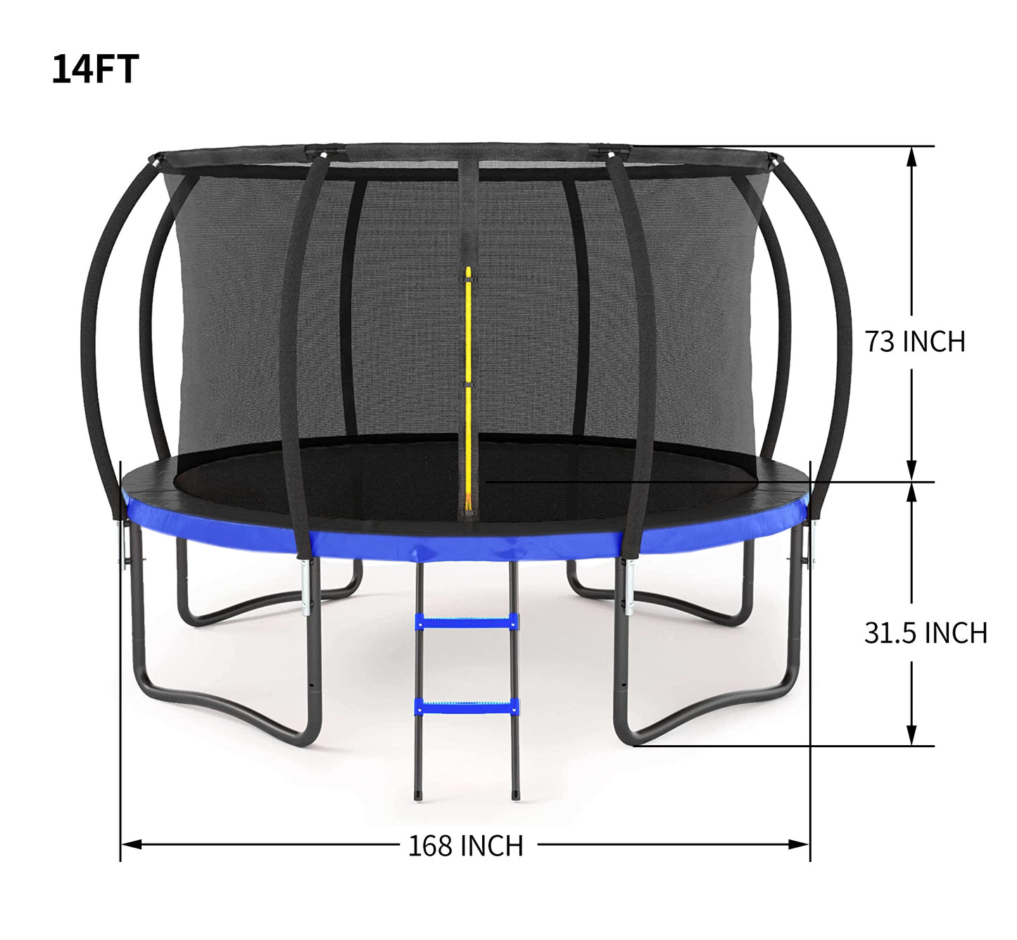 14-Foot Black and Blue Outdoor Trampoline for Kids with Safety Net, Ladder, and PVC Padding