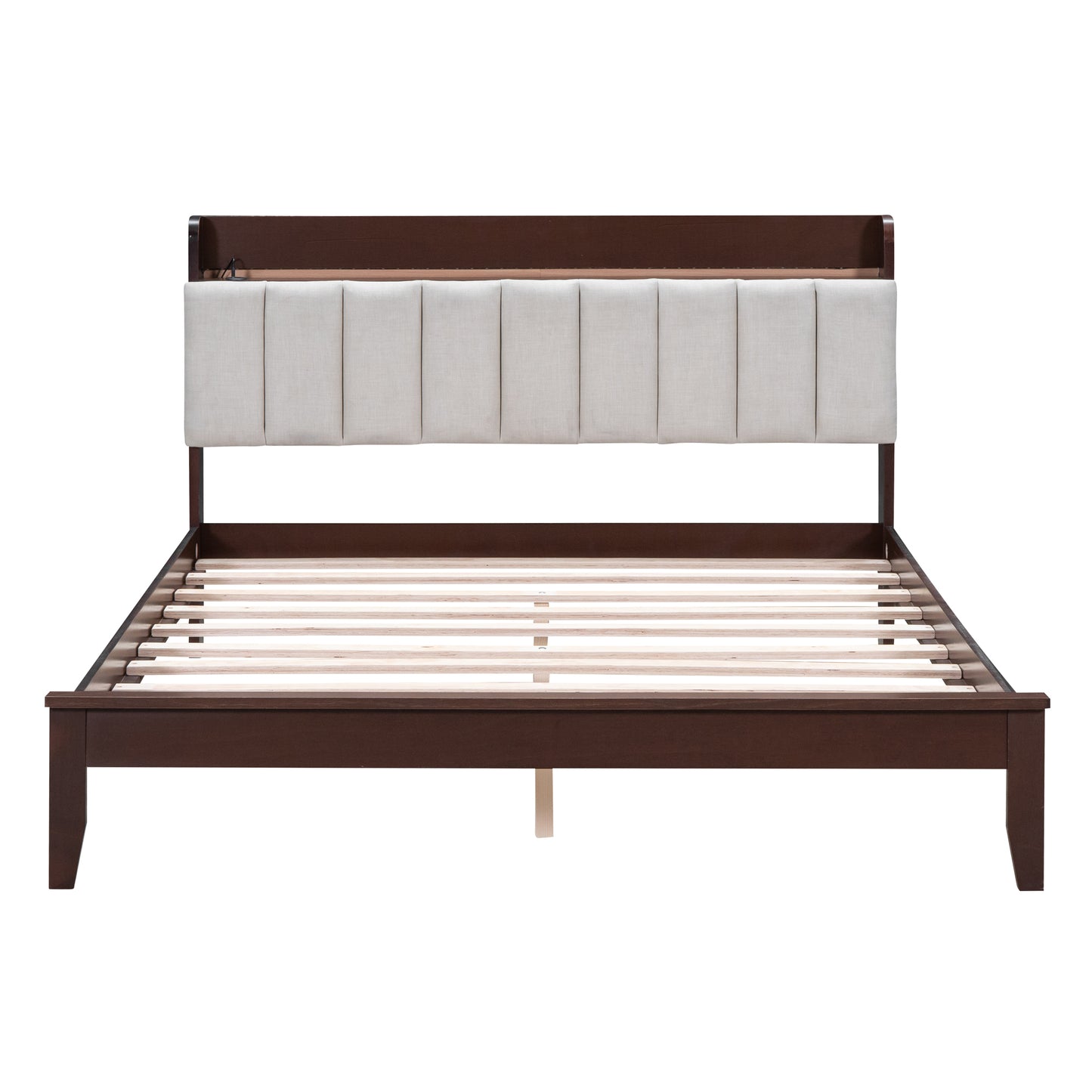 Queen size Platform Bed with USB Charging Station and Storage Upholstered Headboard,LED Bed Frame,No Box Spring Needed,Walnut+Beige