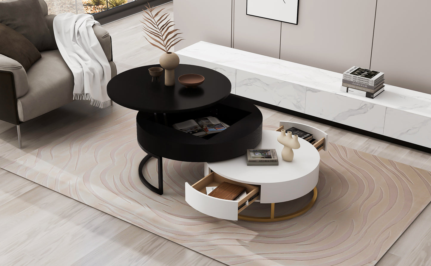 Contemporary 2-Drawer Lift-Top Round Coffee Tables in White & Black