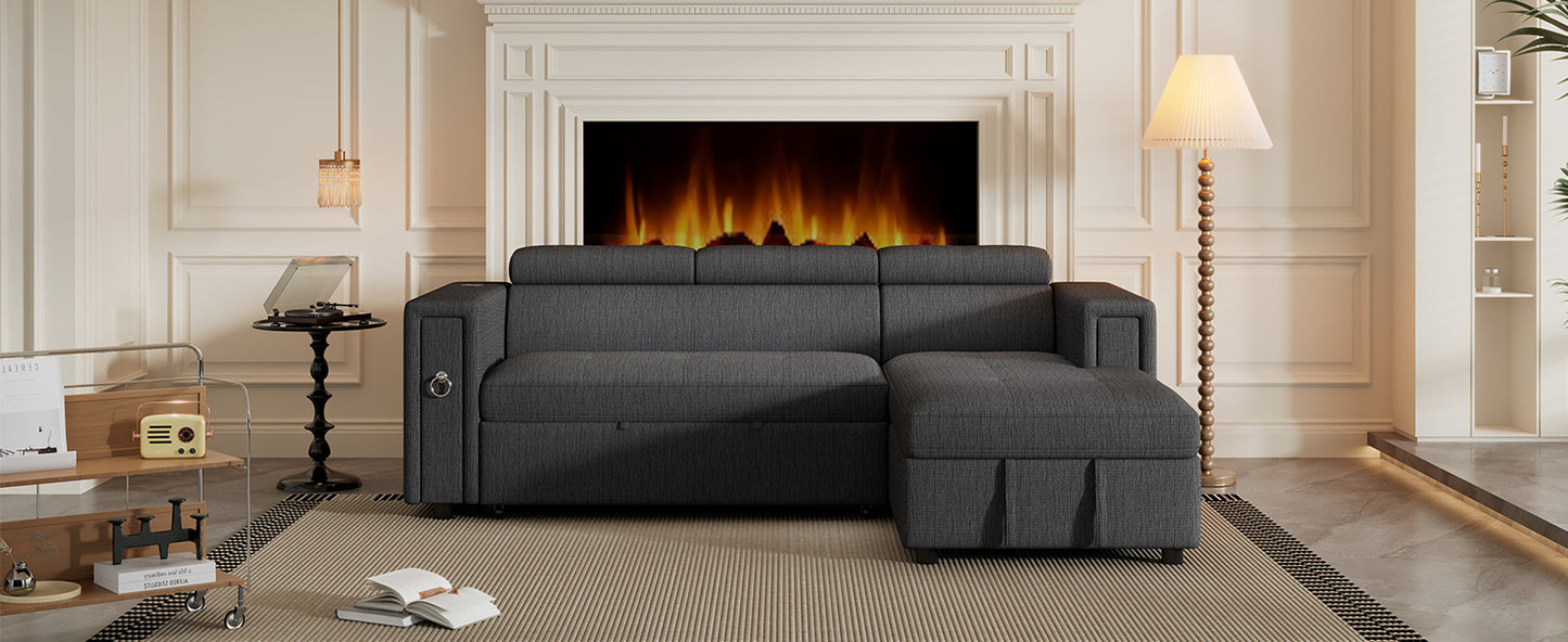 Versatile 96 L-Shape Sectional Sofa with Wireless Charging and Hidden Storage in Grey Linen