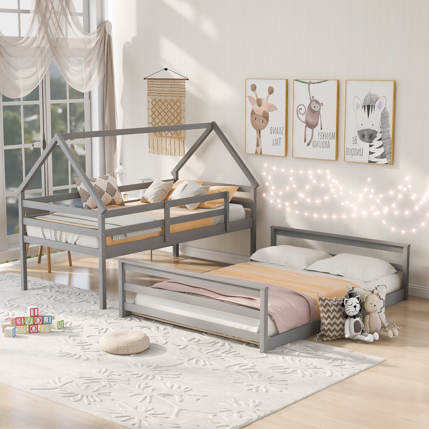 Gray Twin over Full House Bunk Bed with Loft Ladder