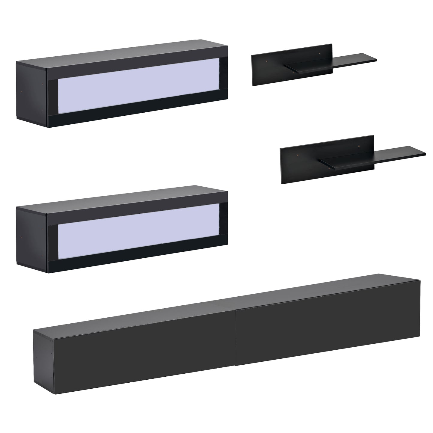 Modern Black Wall Mount Floating TV Stand with LED Lights and Media Storage