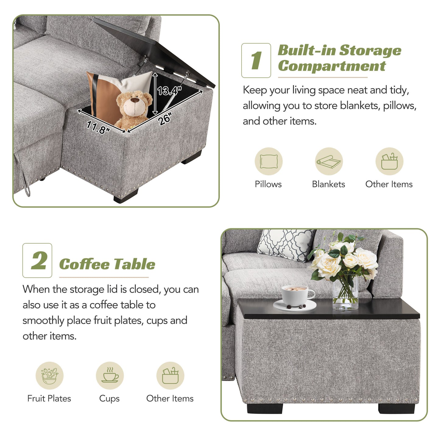 Convertible L-Shaped Sectional Sleeper Sofa with Storage Chaise and Charging Ports in Light Gray