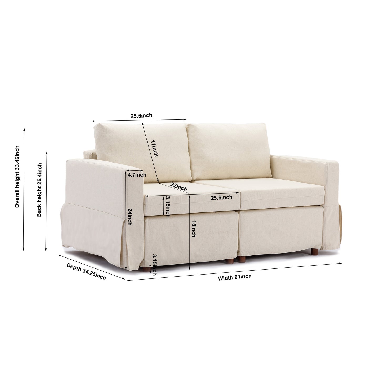 Cream 2-Seat Sectional Sofa with Ottoman and Washable Cushions