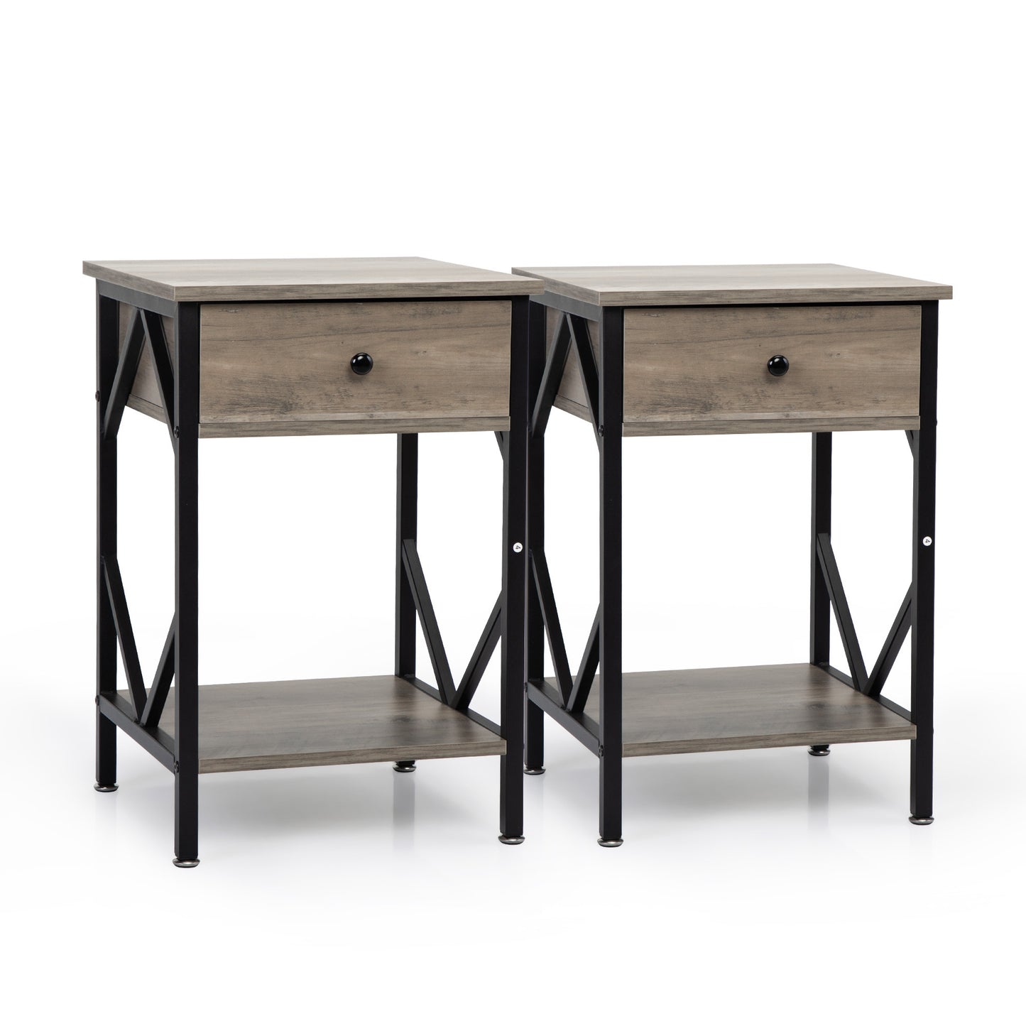 Set of 2 Nightstand Industrial End Table with Drawer, Storage Shelf and Metal Frame for Living Room, Bedroom,Washed Gray