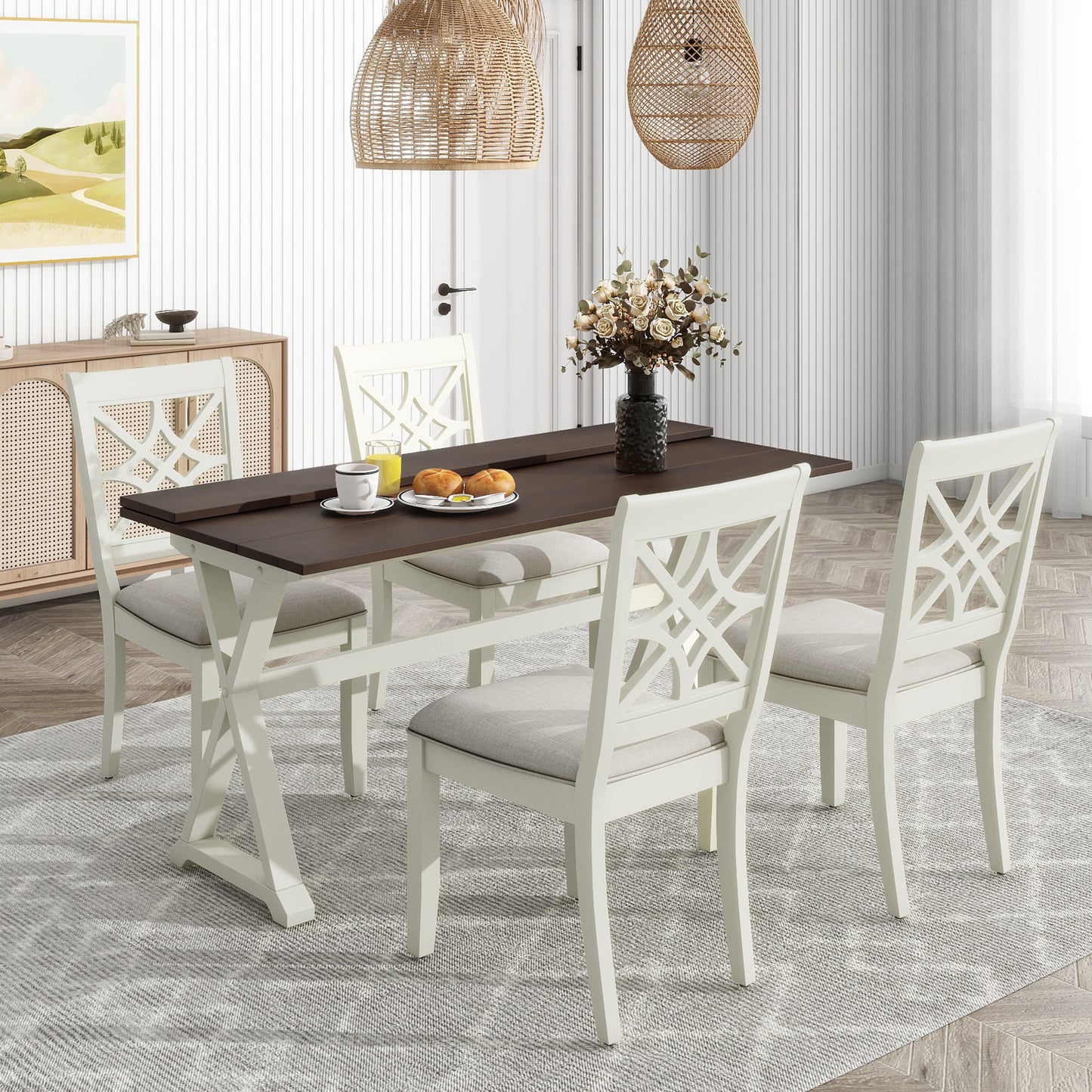 5-Piece 62*35.2inch Extendable Rubber Wood Dining Table Set with X-shape Legs,Console Table with Two 8.8Inch-Wide Flip Lids and Upholstered Dining Chairs ,Beige