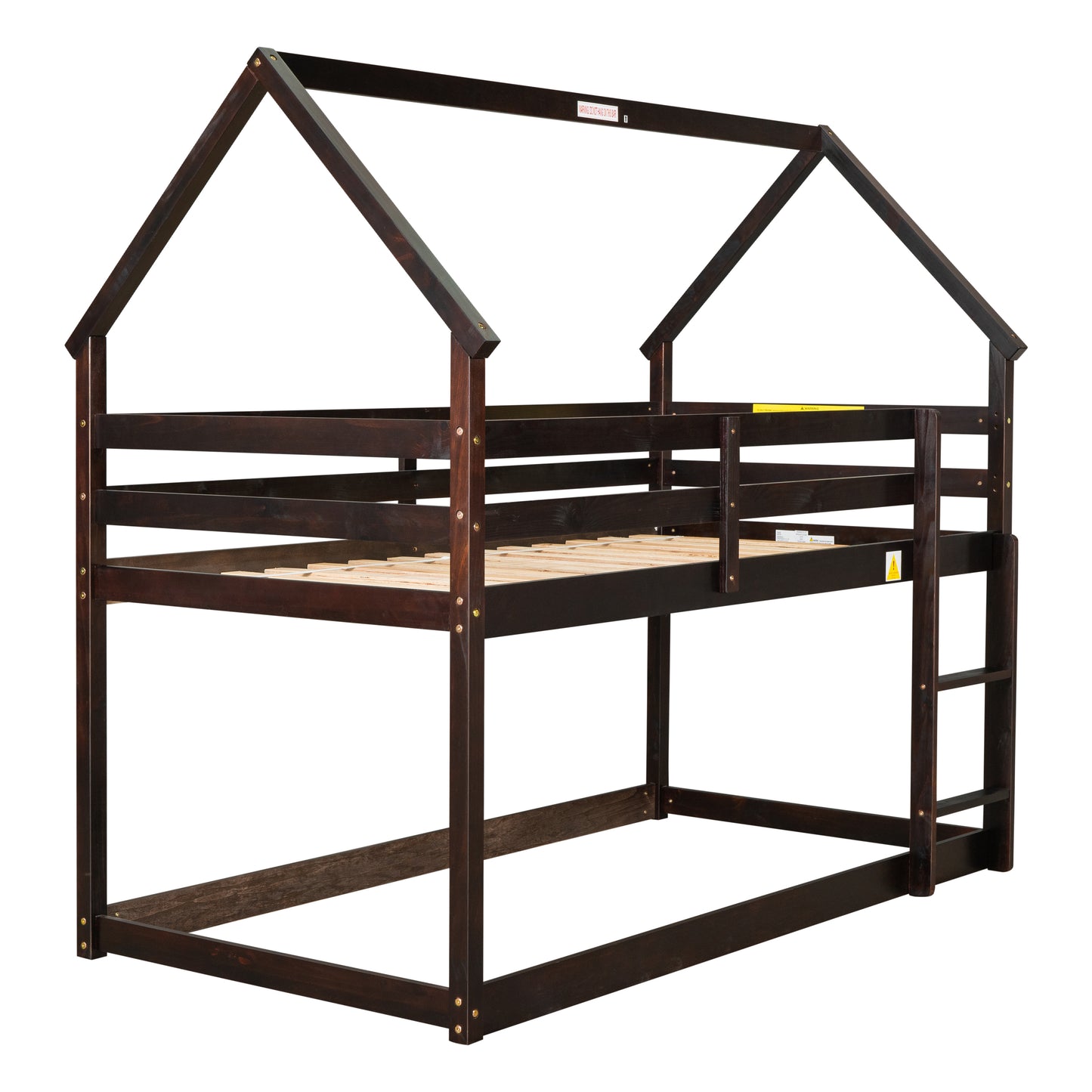 Twin over Twin Loft Bed with Roof Design, Safety Guardrail, Ladder, Espresso