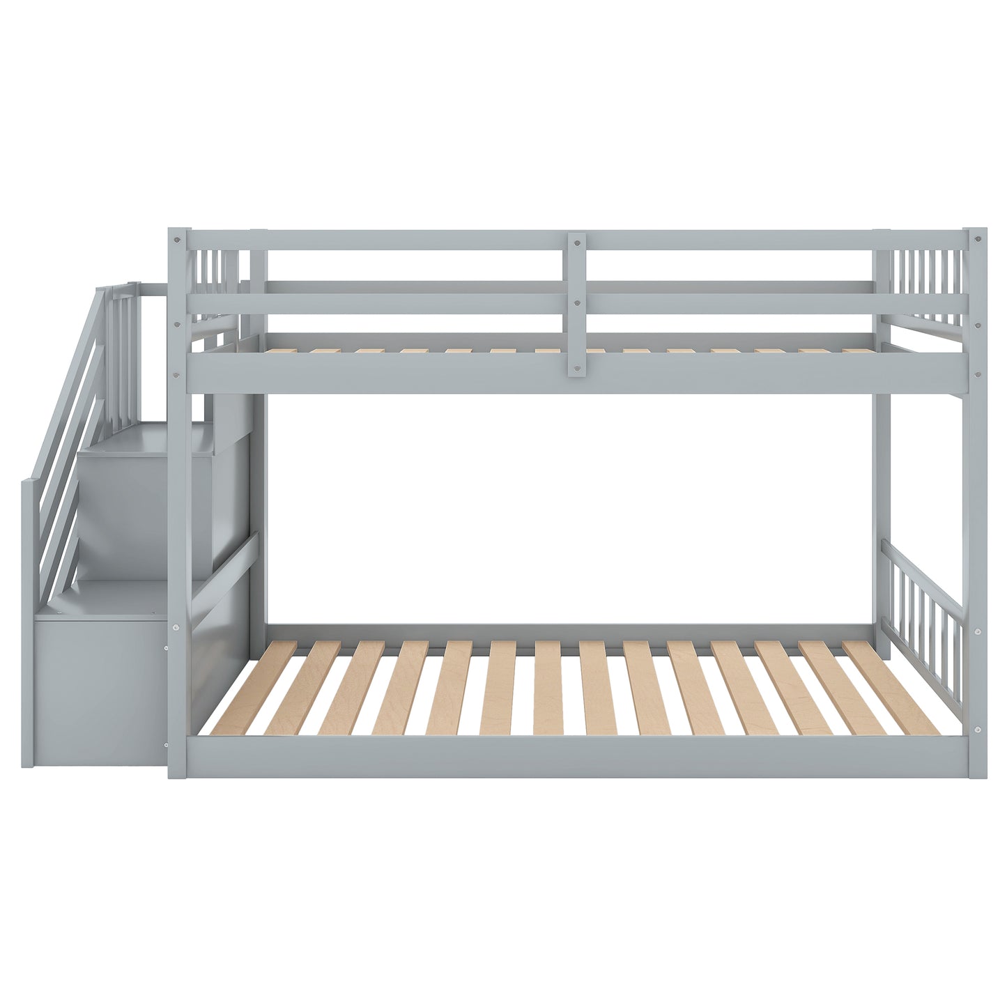 Gray Twin Bunk Bed with Built-in Storage Ladder for Kids