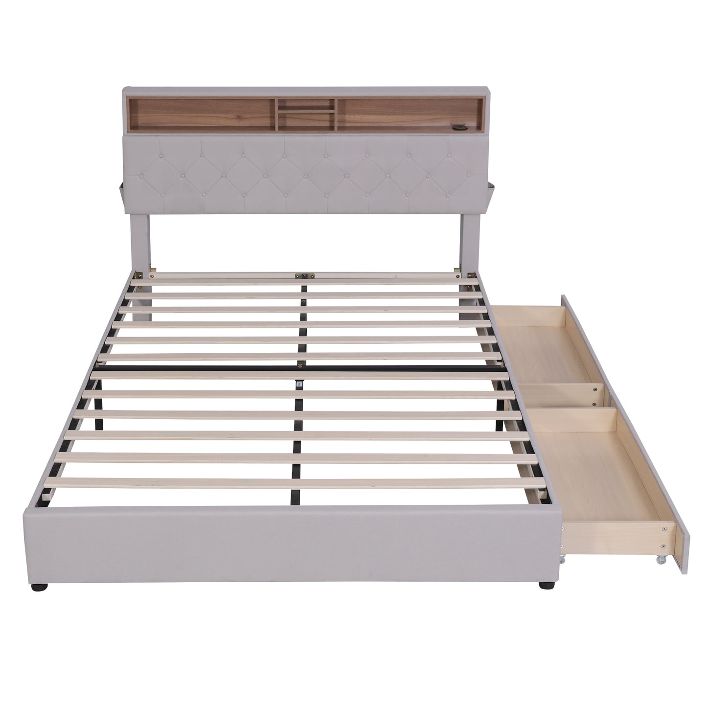 Queen Size Upholstered Platform Bed with Storage Headboard, LED, USB Charging and 2 Drawers, Beige