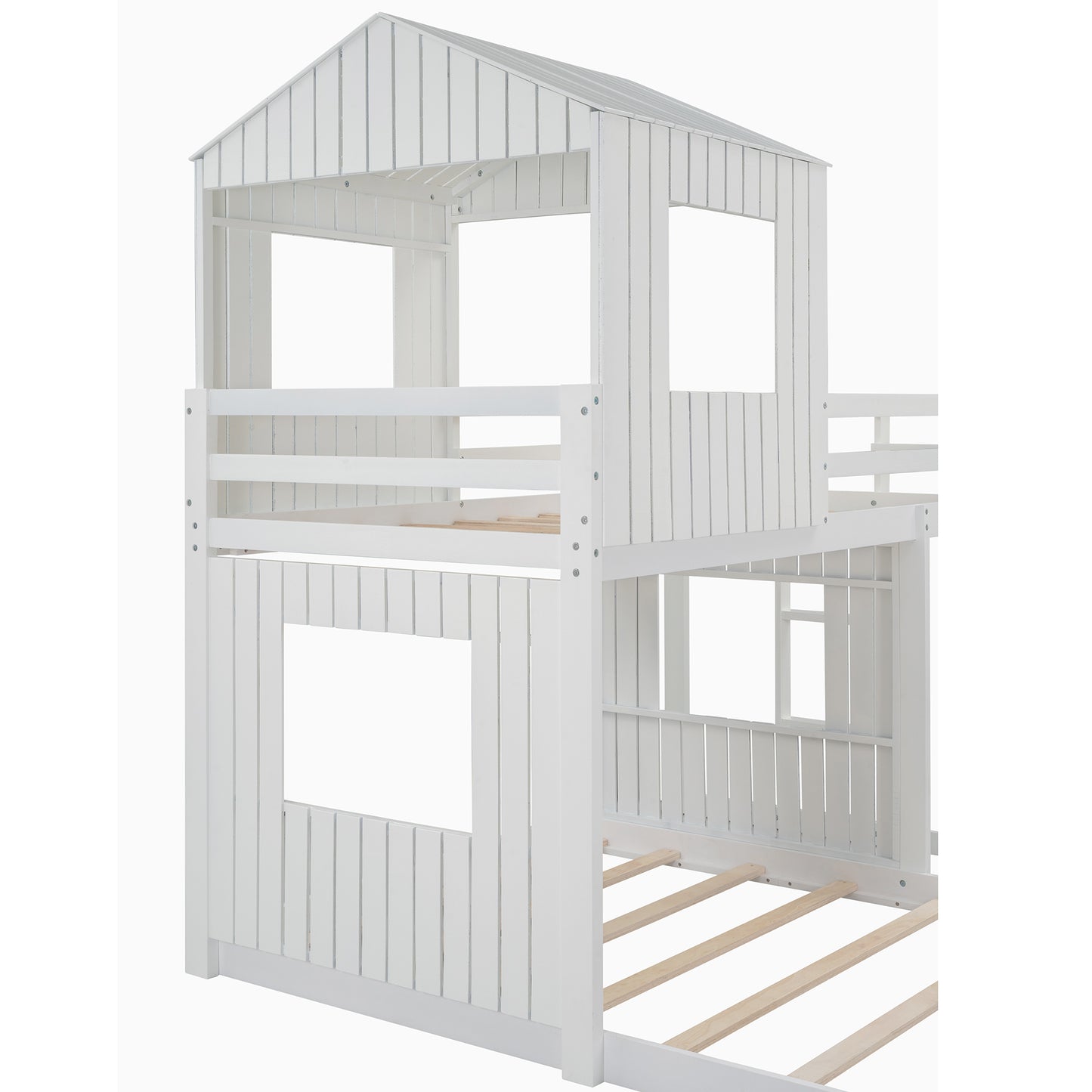 Whimsical Farmhouse Twin Over Full Bunk Bed with Playhouse in White