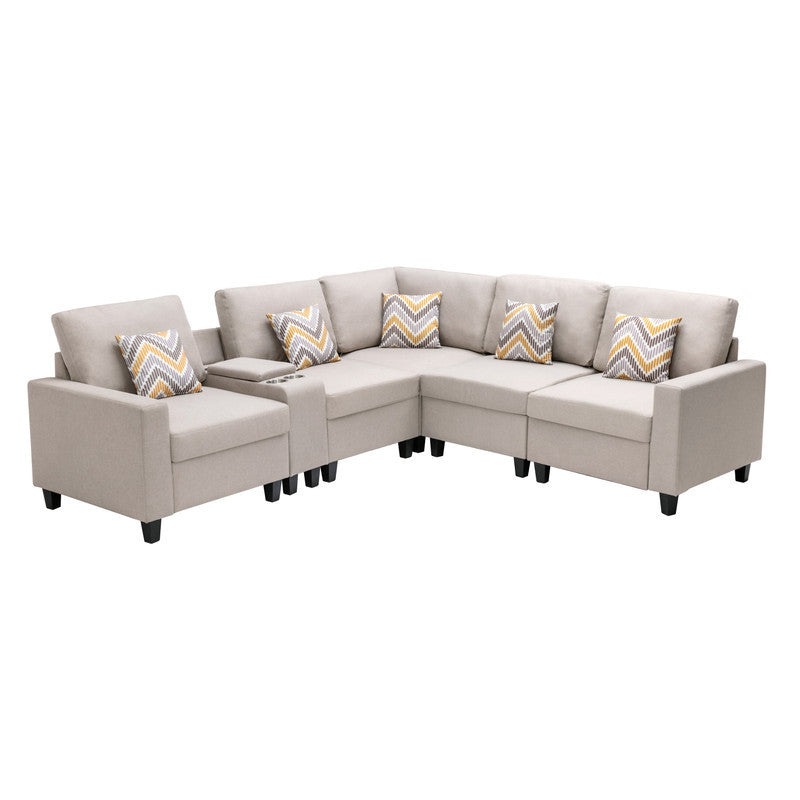 Nolan Beige Linen Fabric 6-Piece Reversible Sectional Sofa with USB, Charging Ports, Cupholders, Console Table, Pillows, and Interchangeable Legs