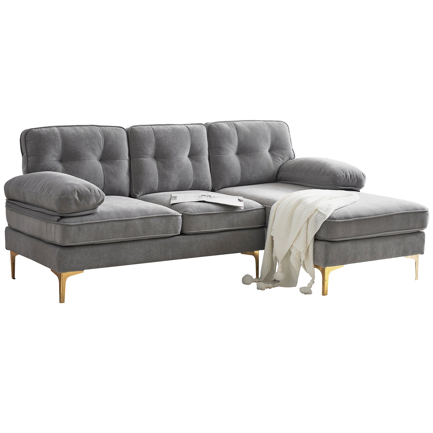 Modern Velvet L-Shaped Sectional Sofa in Light Grey