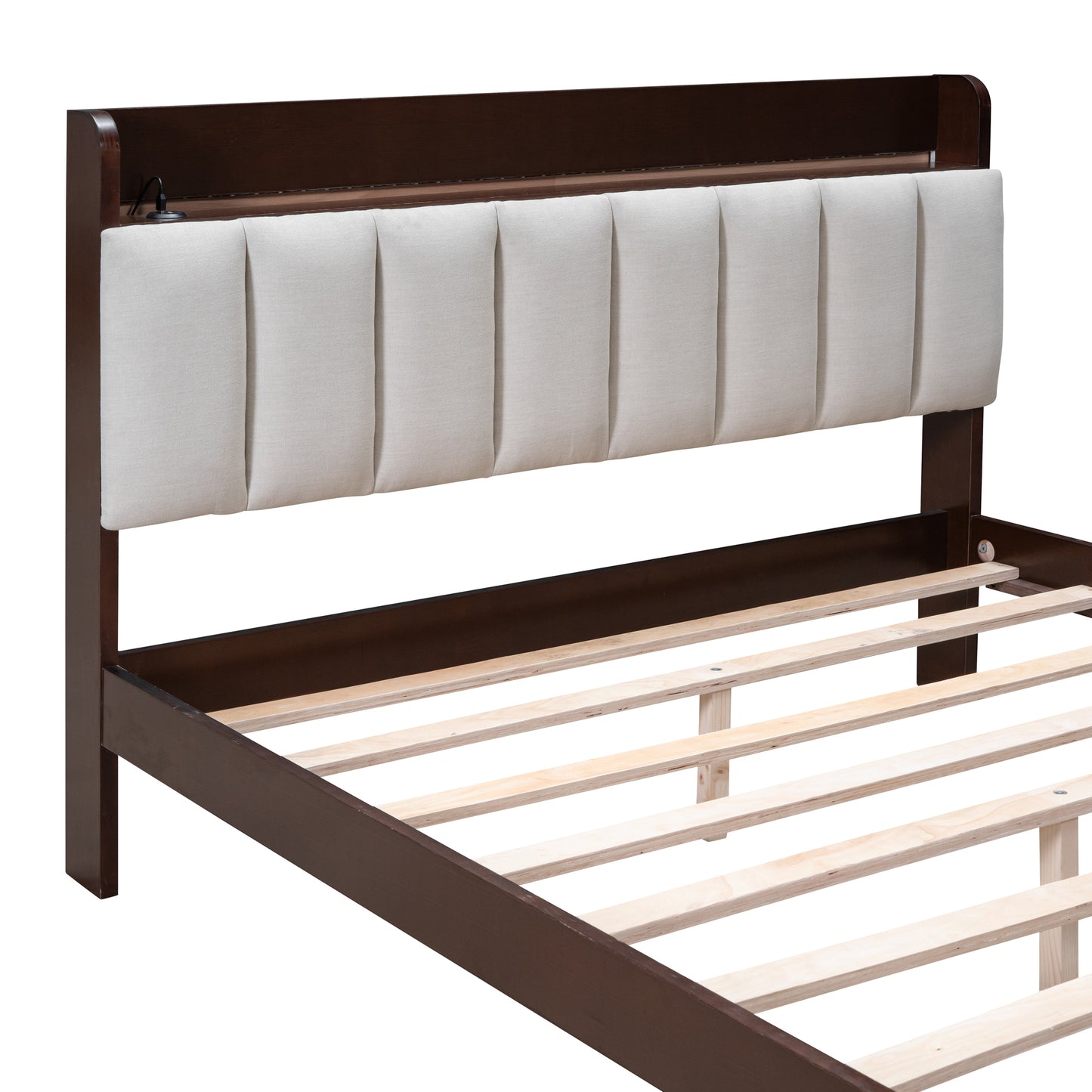 Full size Platform Bed with USB Charging Station and Storage Upholstered Headboard,LED Bed Frame,No Box Spring Needed,Walnut+Beige