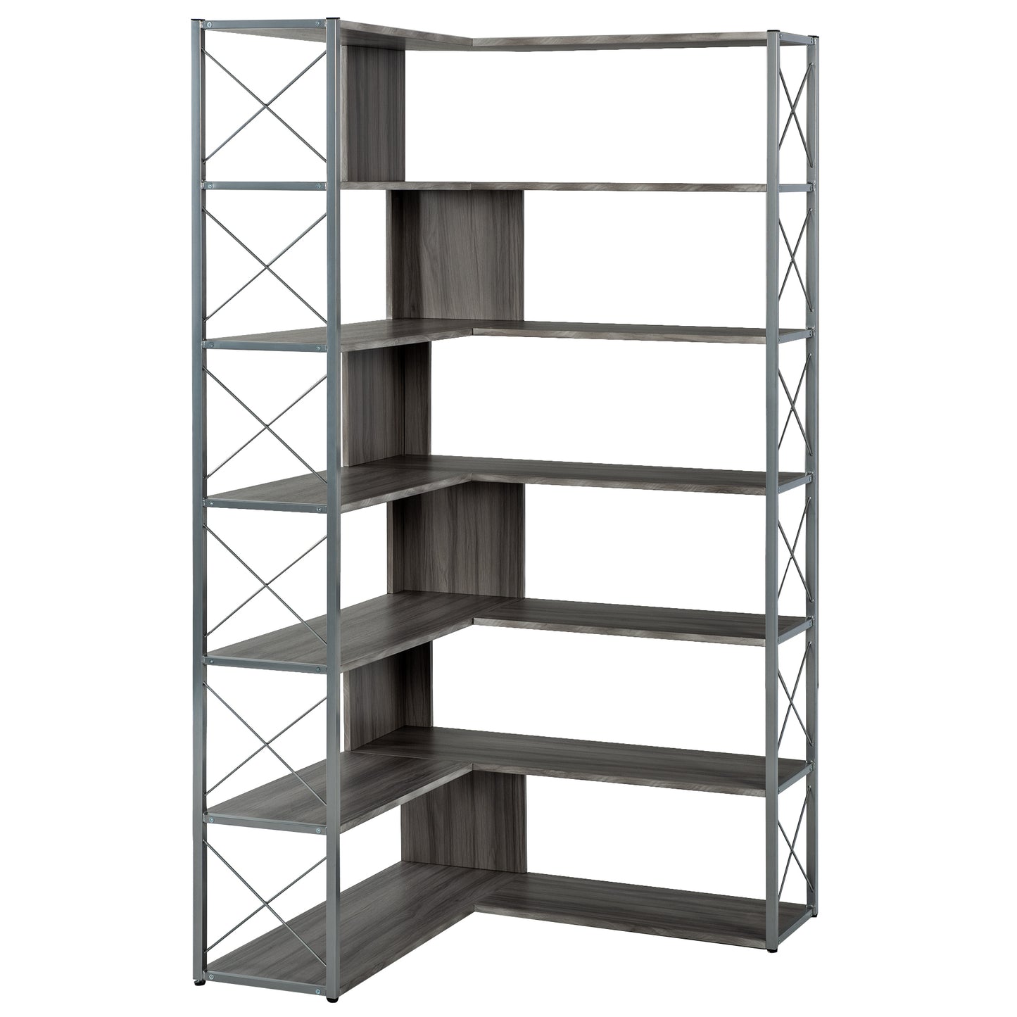 Silver+Grey 7-Tier Bookcase Home Office Bookshelf,  L-Shaped Corner Bookcase with Metal Frame, Industrial Style Shelf with Open Storage, MDF Board