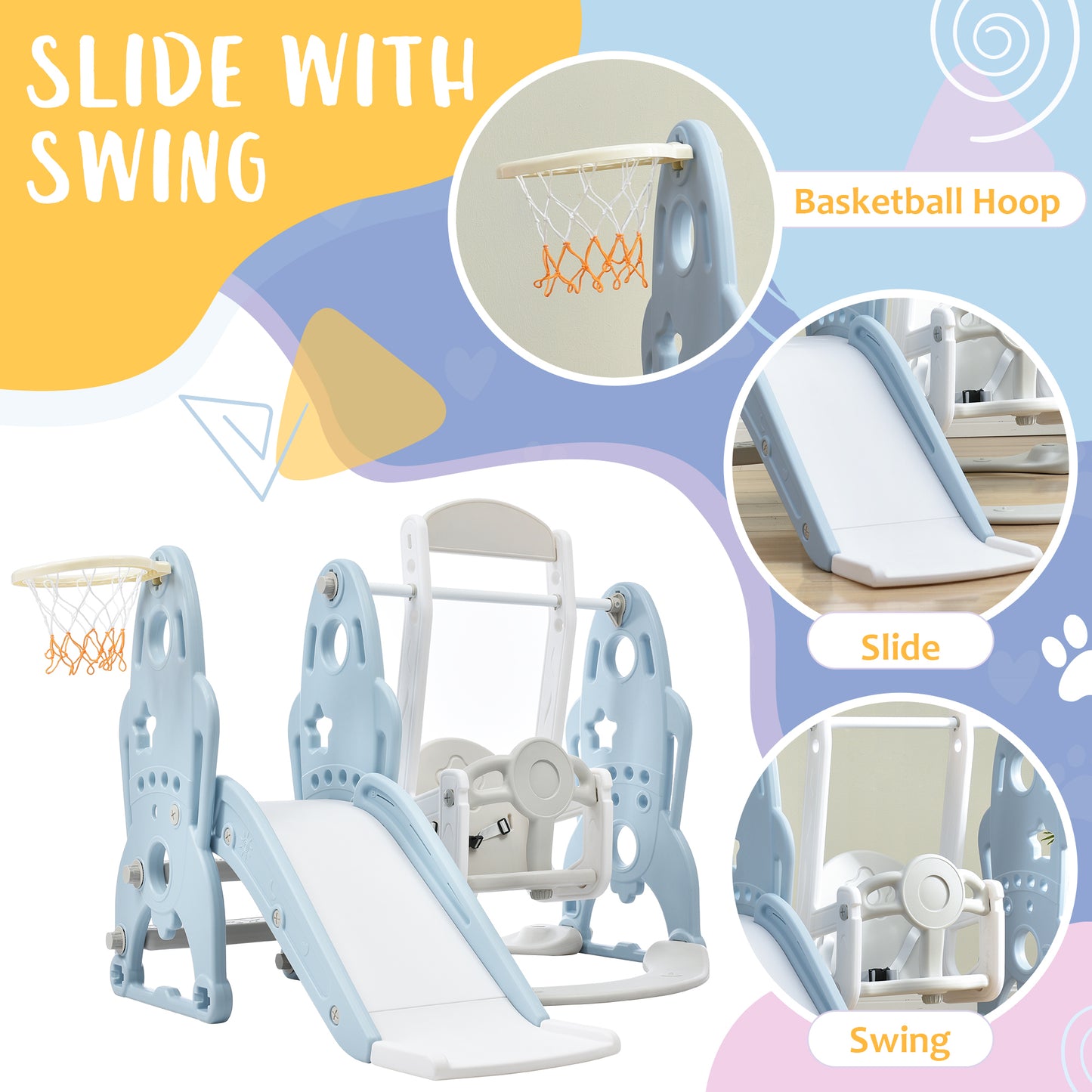 3-in-1 Toddler Slide, Swing, and Basketball Hoop Playset for Indoor & Outdoor