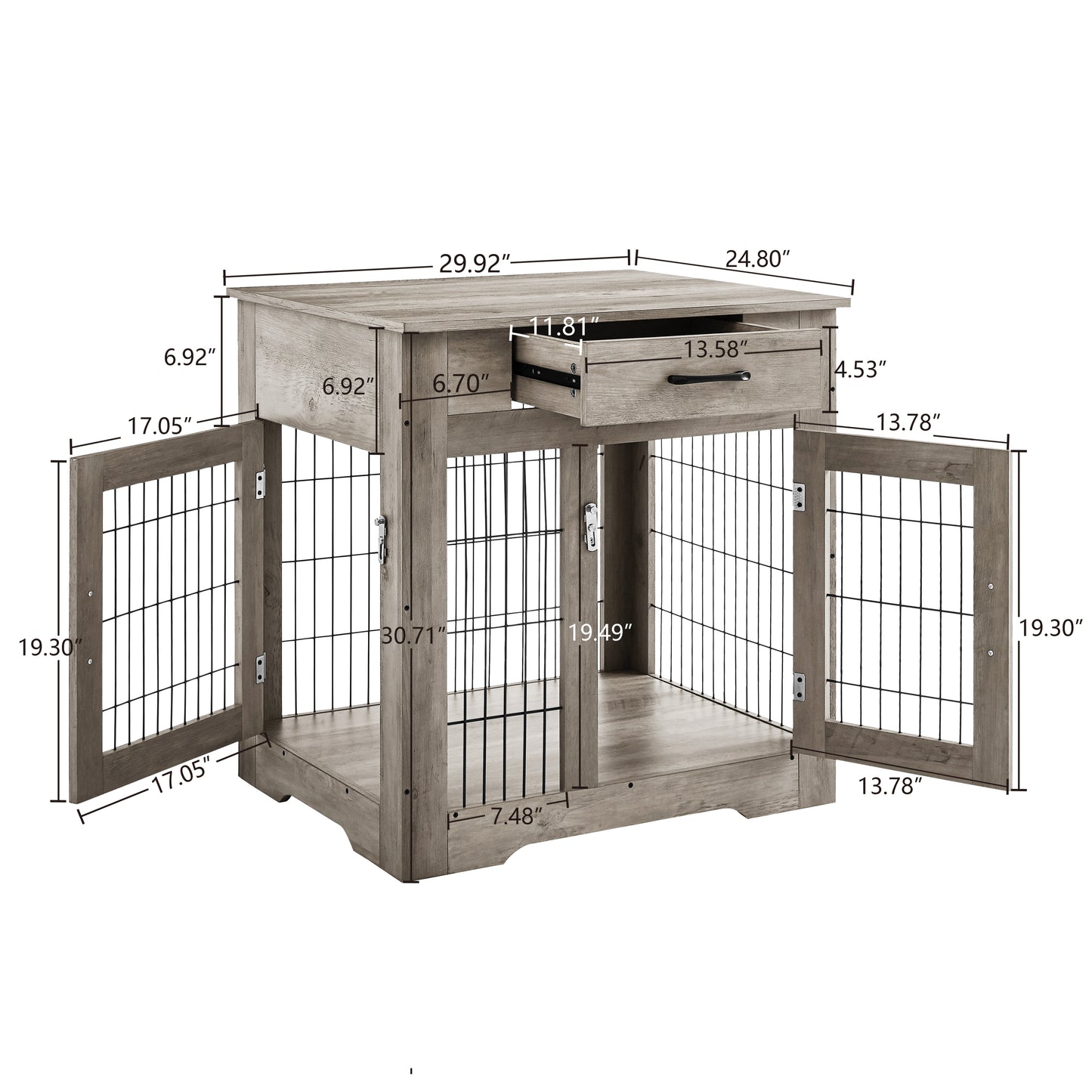 Furniture Style Dog Crate End Table with Drawer, Pet Kennels with Double Doors, Dog House Indoor Use, Grey, 29.9'' W x 24.8'' D x 30.71'' H.