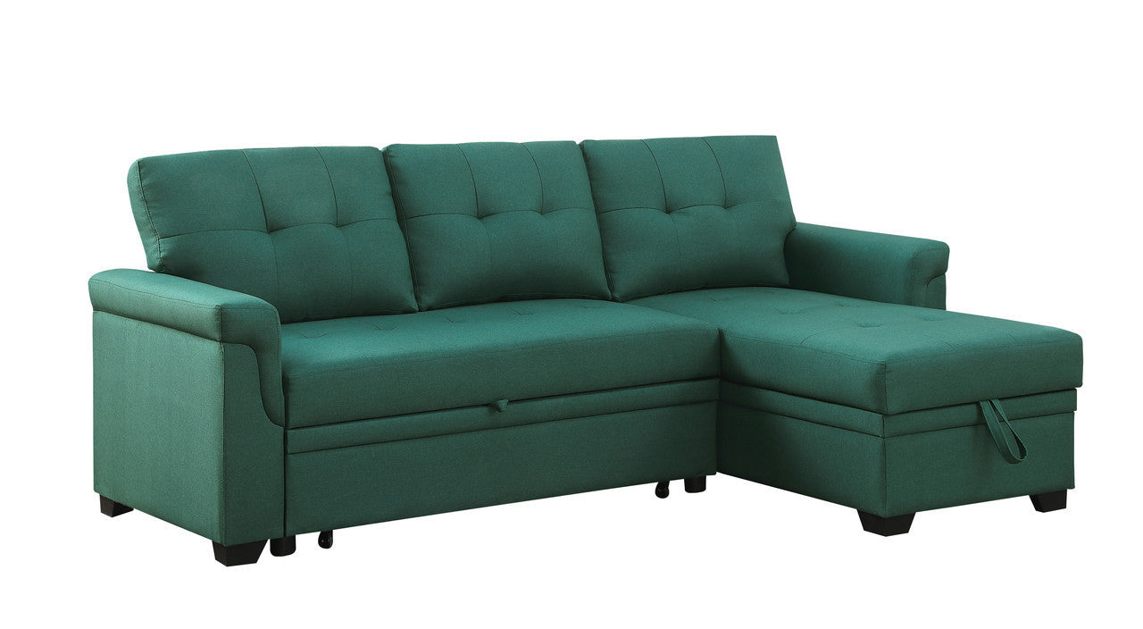 Lucca Emerald Linen Reversible Sleeper Sectional Sofa with Storage Chaise