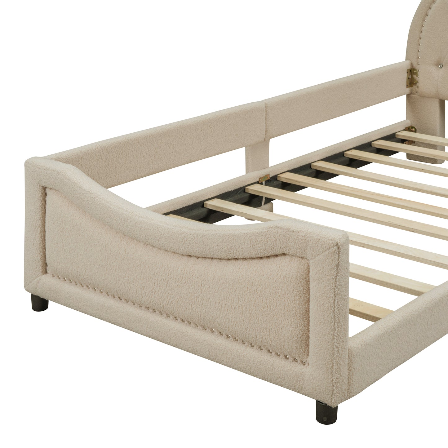 Teddy Fleece Twin Size Upholstered Daybed with OX Horn Shaped Headboard, Beige