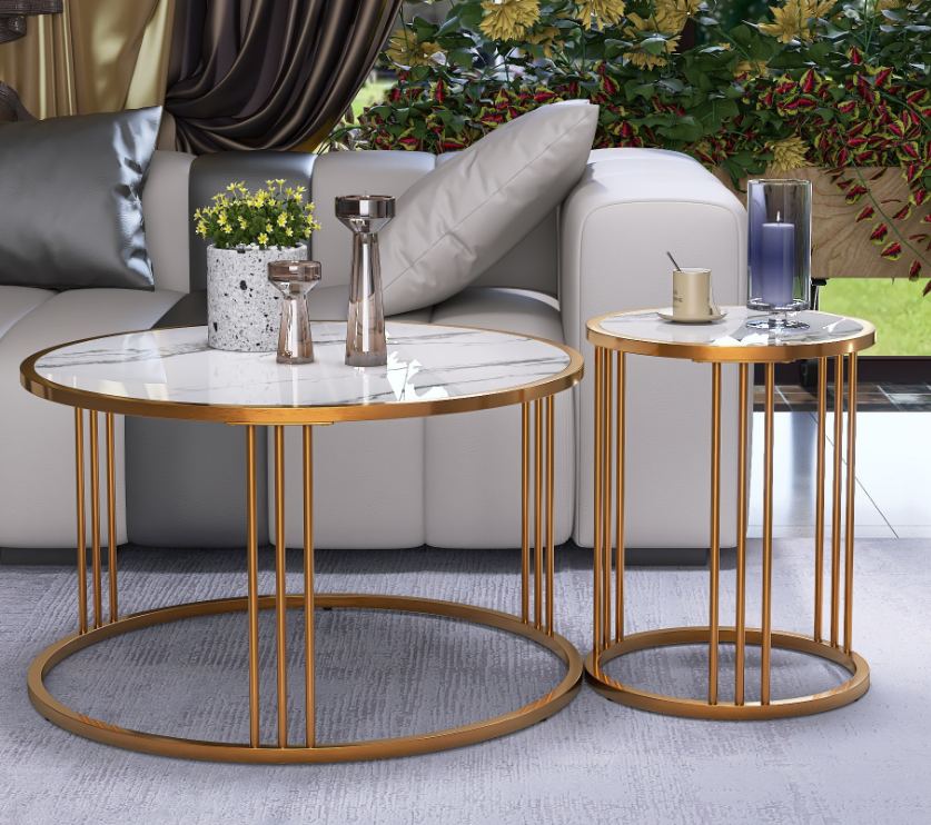 Golden Slate Coffee Table Set of 2: Modern Round Coffee Tables with Steel Frame For Living Room