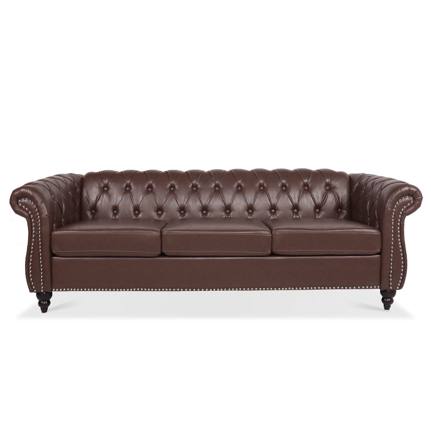 Elegant Dark Brown 84.65 PU Leather Chesterfield Three Seater Sofa with Rolled Arms