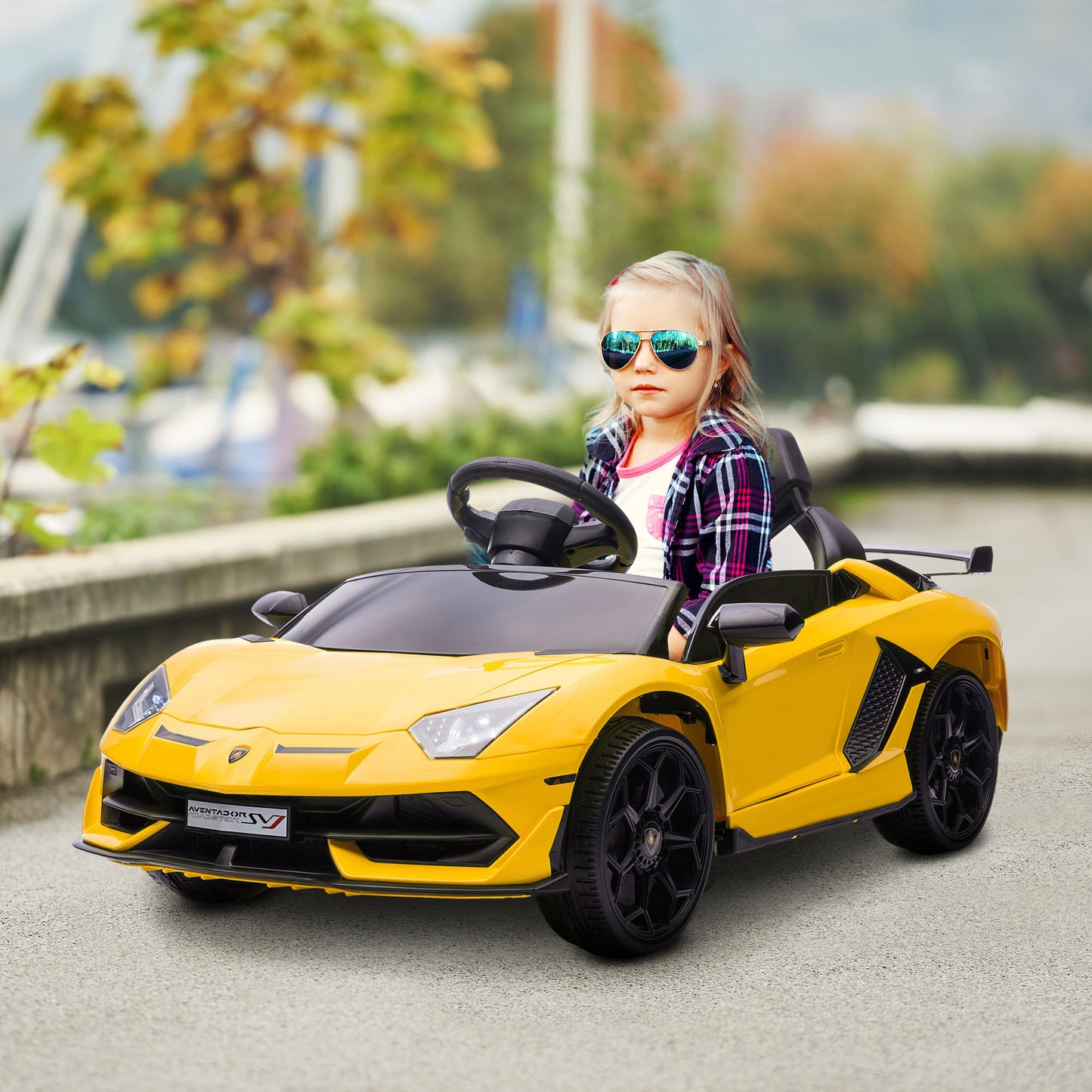 Aosom Lamborghini Aventador Licensed Kids Ride on Car with Scissor Doors, Easy Transport, 12V Electric Car for Kids with Remote Control, Suspension System, Horn, Music, Lights, Yellow