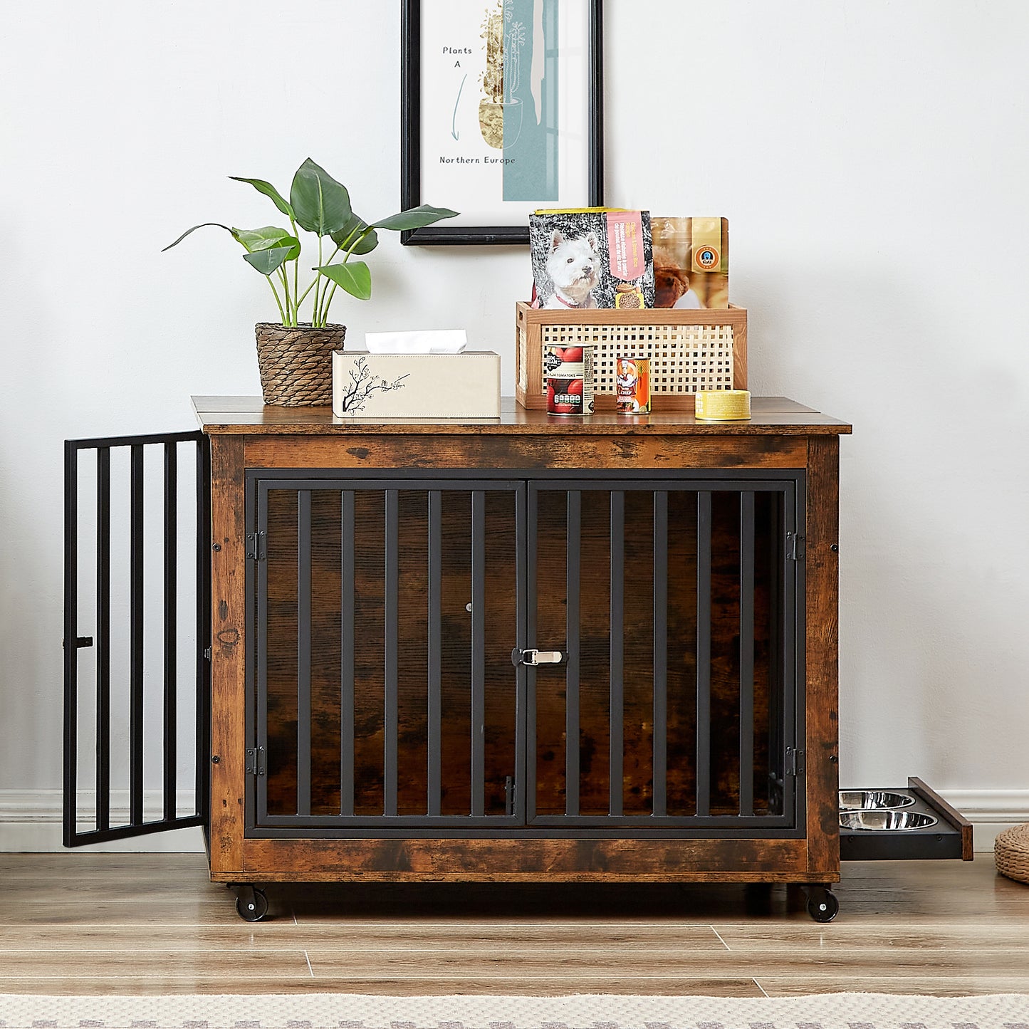 Furniture Style Dog Crate Side Table With Feeding Bowl, Wheels, Three Doors, Flip-Up Top Opening. Indoor, Rustic Brown, 38.58"W x 25.2"D x 27.17"H