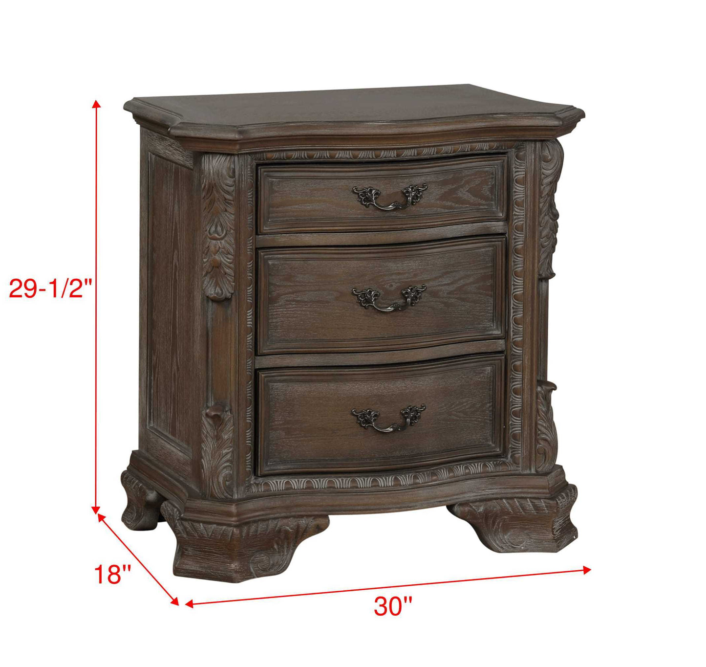 Traditional Nightstand End Table with Three Storage Drawers Grey Decorative Drawer Pulls 1pc Solid Wood Wooden Furniture