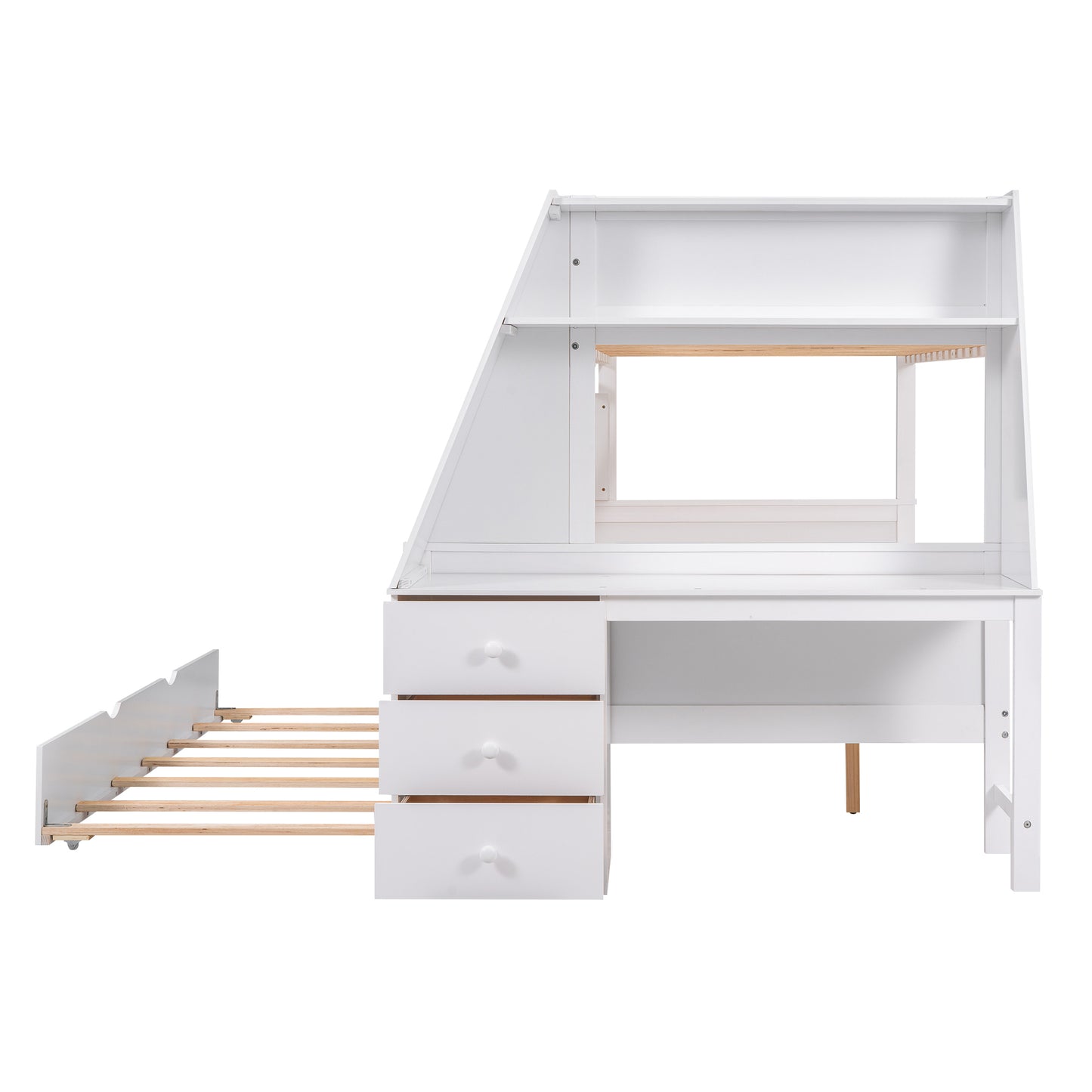 Space-Saving Twin over Full Bunk Bed with Built-in Desk and Trundle - White