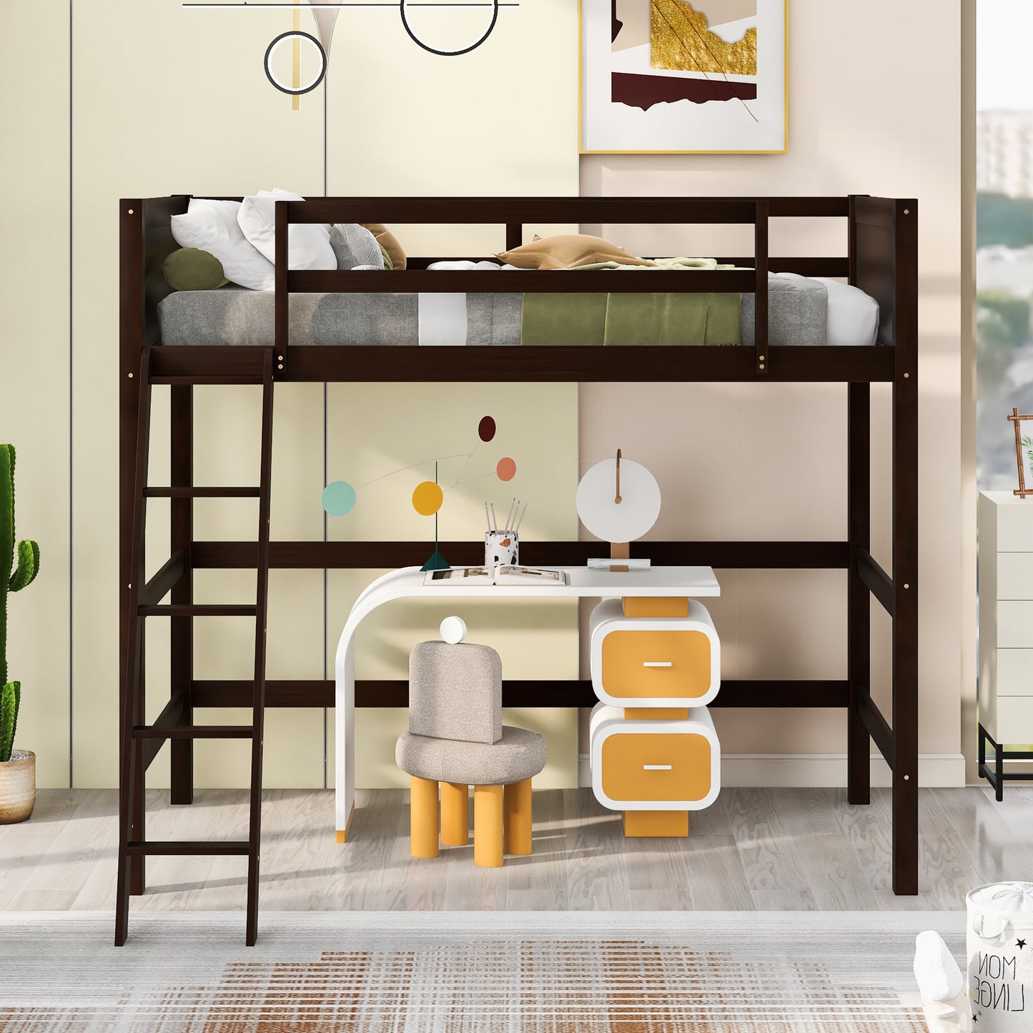 Solid Wood Twin Size Loft Bed with Ladder(Espresso)(: WF191903AAP)