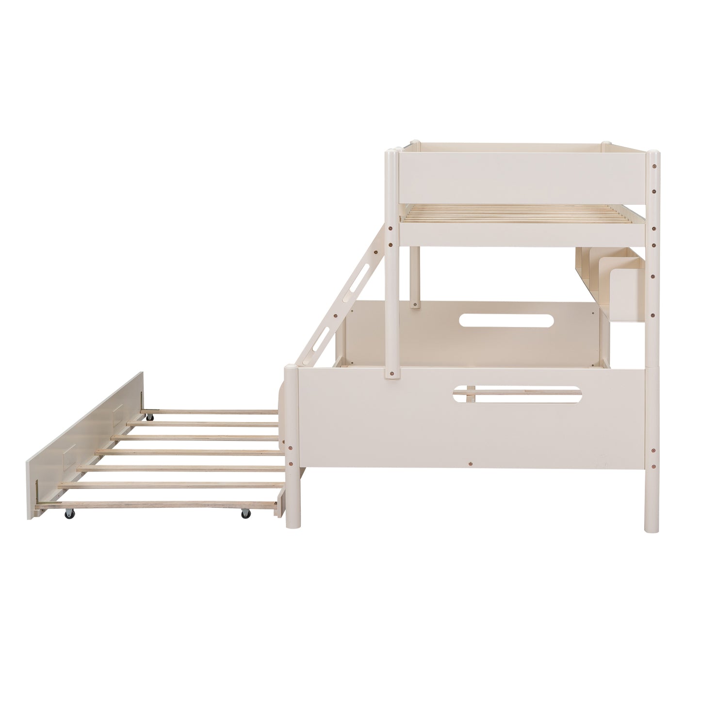 Cream Bunk Bed with Storage Shelves, Twin Trundle, and Solid Pine Construction