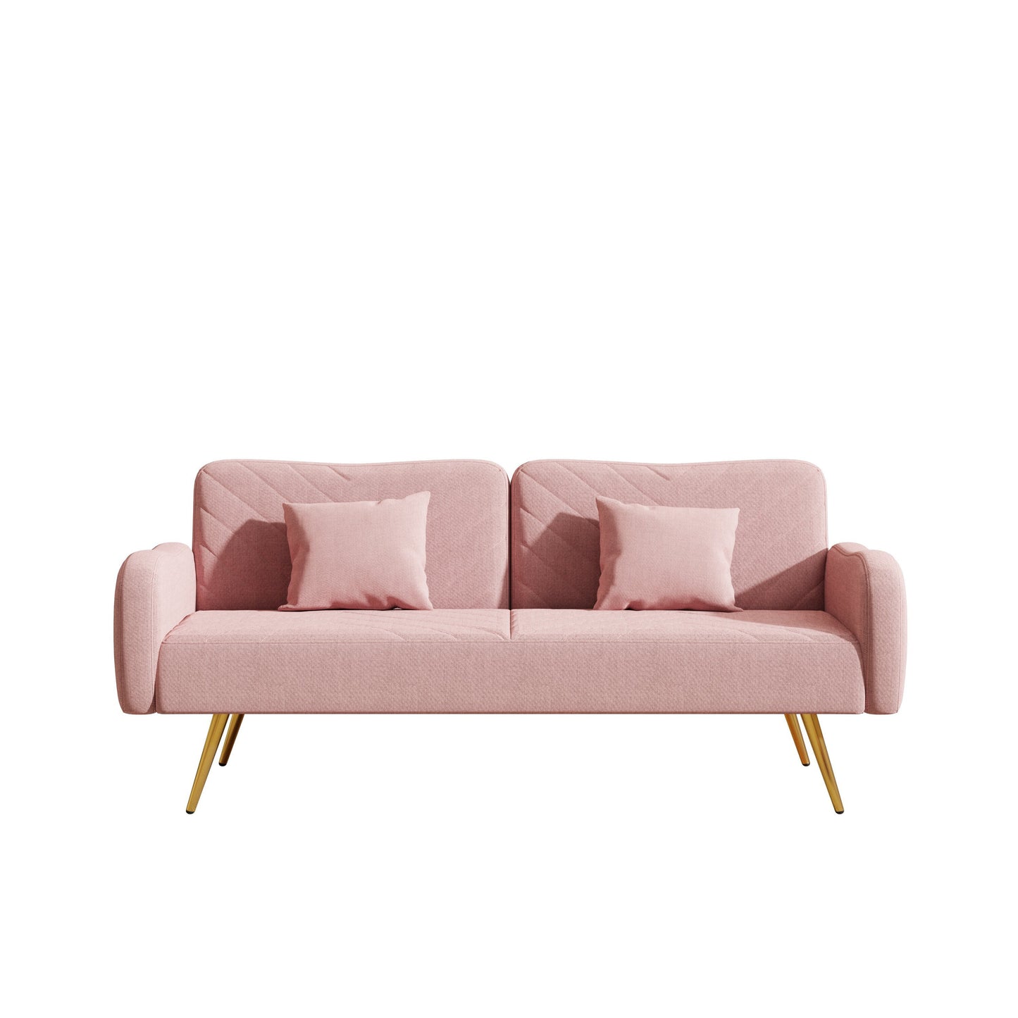 Pink Fabric Double Sofa with Adjustable Split Backrest and Two Throw Pillows