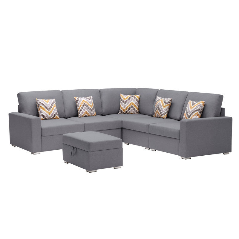 Gray Linen Fabric 6-Piece Reversible Sectional Sofa Set with Pillows, Storage Ottoman, and Interchangeable Legs