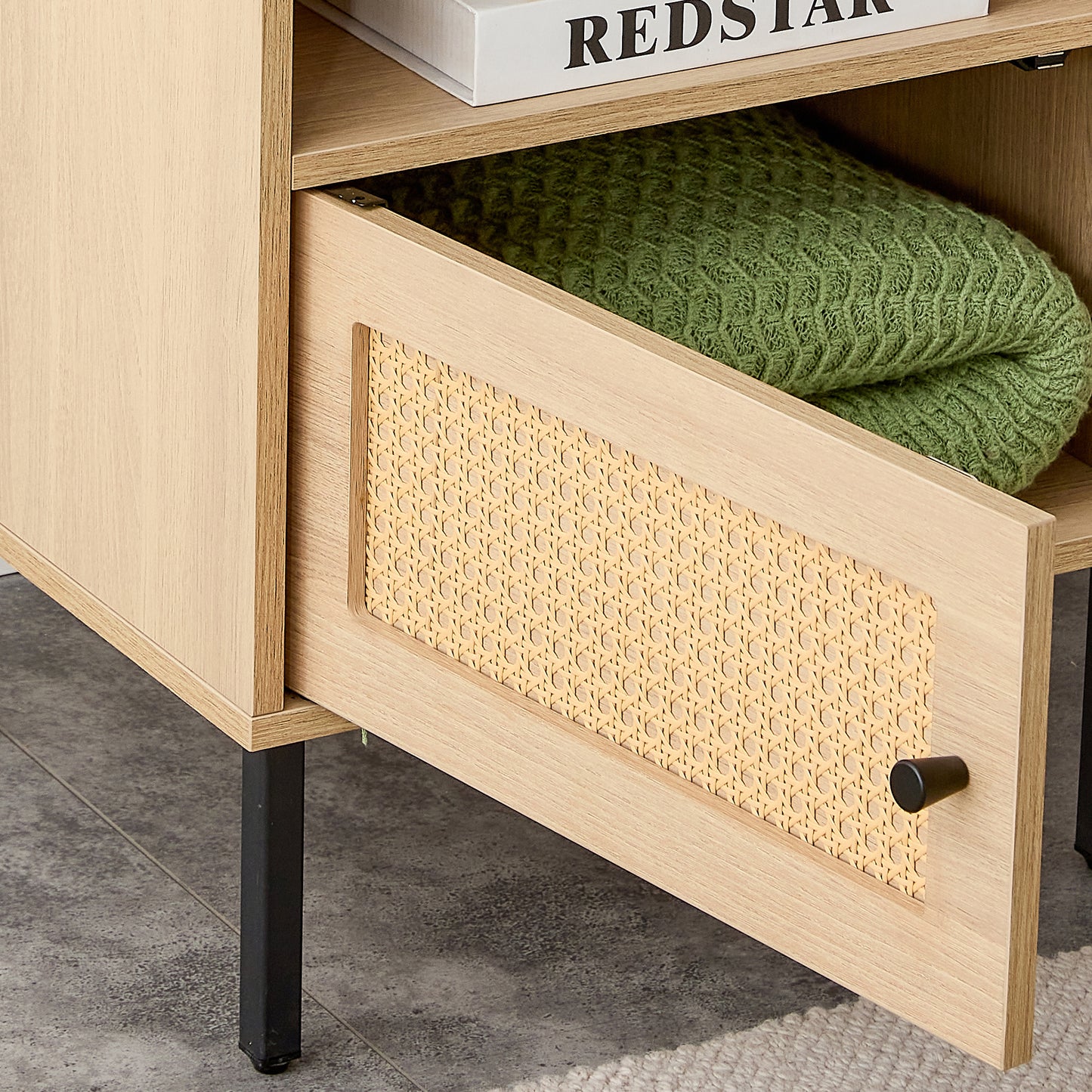 Modern simple storage cabinet MDF Board bedside cabinet Japanese rattan bedside cabinet Small household furniture bedside table.Applicable to dressing table in bedroom, porch, living room.2 Drawers