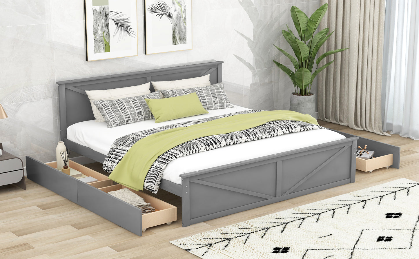 King Size Wooden Platform Bed with Four Storage Drawers and Support Legs, Gray