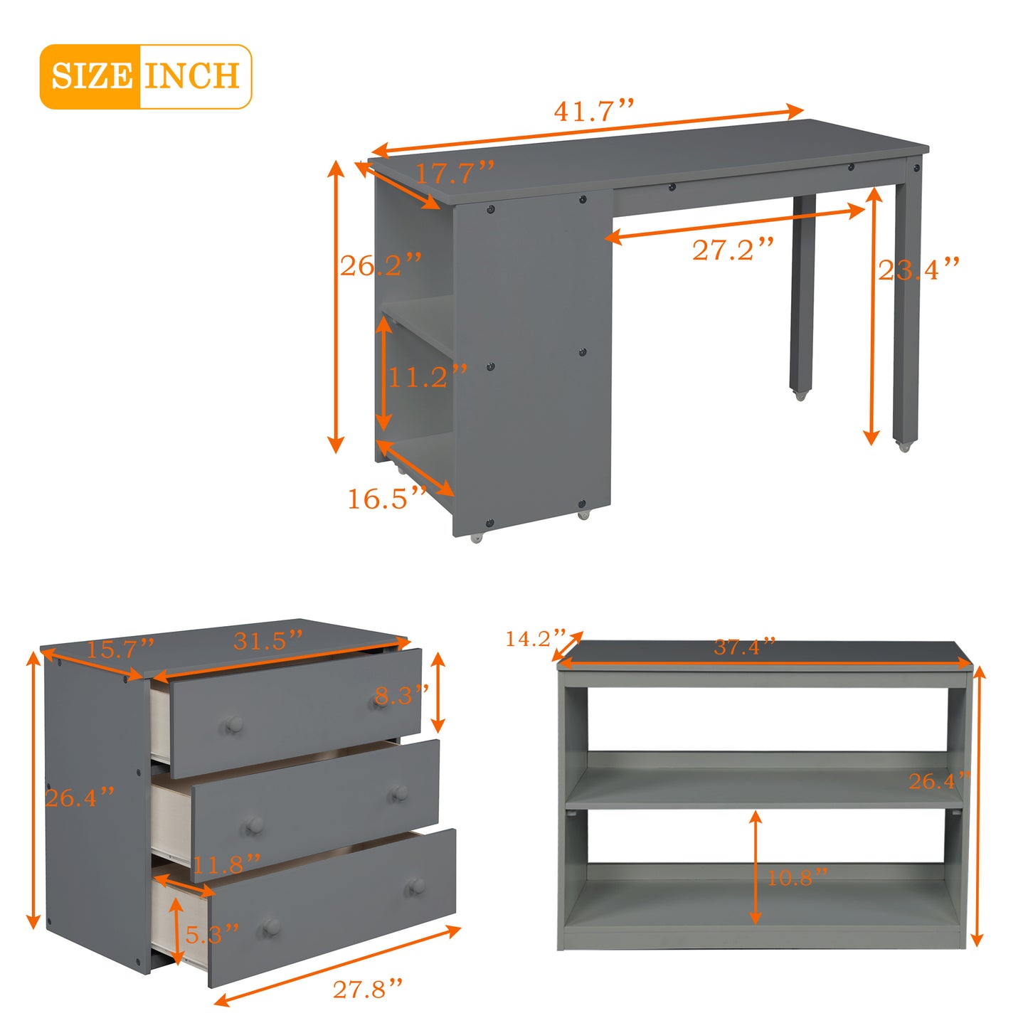 Low Study Twin Loft Bed with Cabinet and Rolling Portable Desk - Gray