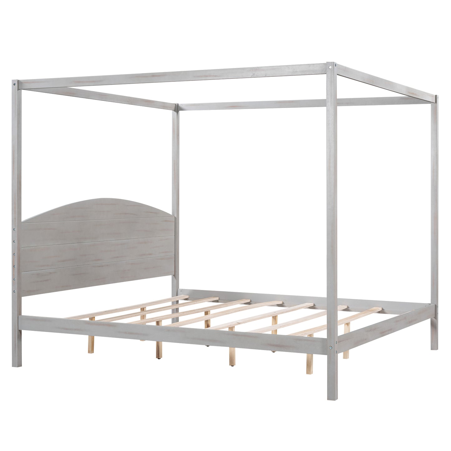 King Size Canopy Platform Bed with Headboard and Support Legs, Grey Wash