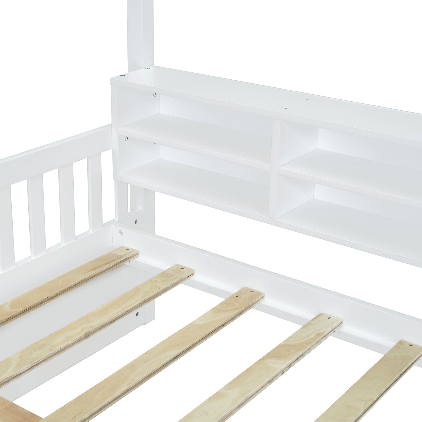 Full Size Wooden House Bed with Shelves and a Mini-cabinet, White