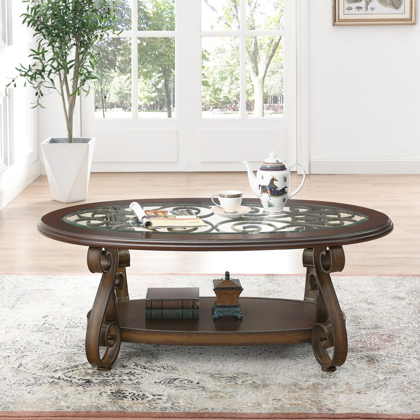 Elegant Dark Brown Coffee Table with Glass Top and Metal Legs (52.5X28.5X19.5)