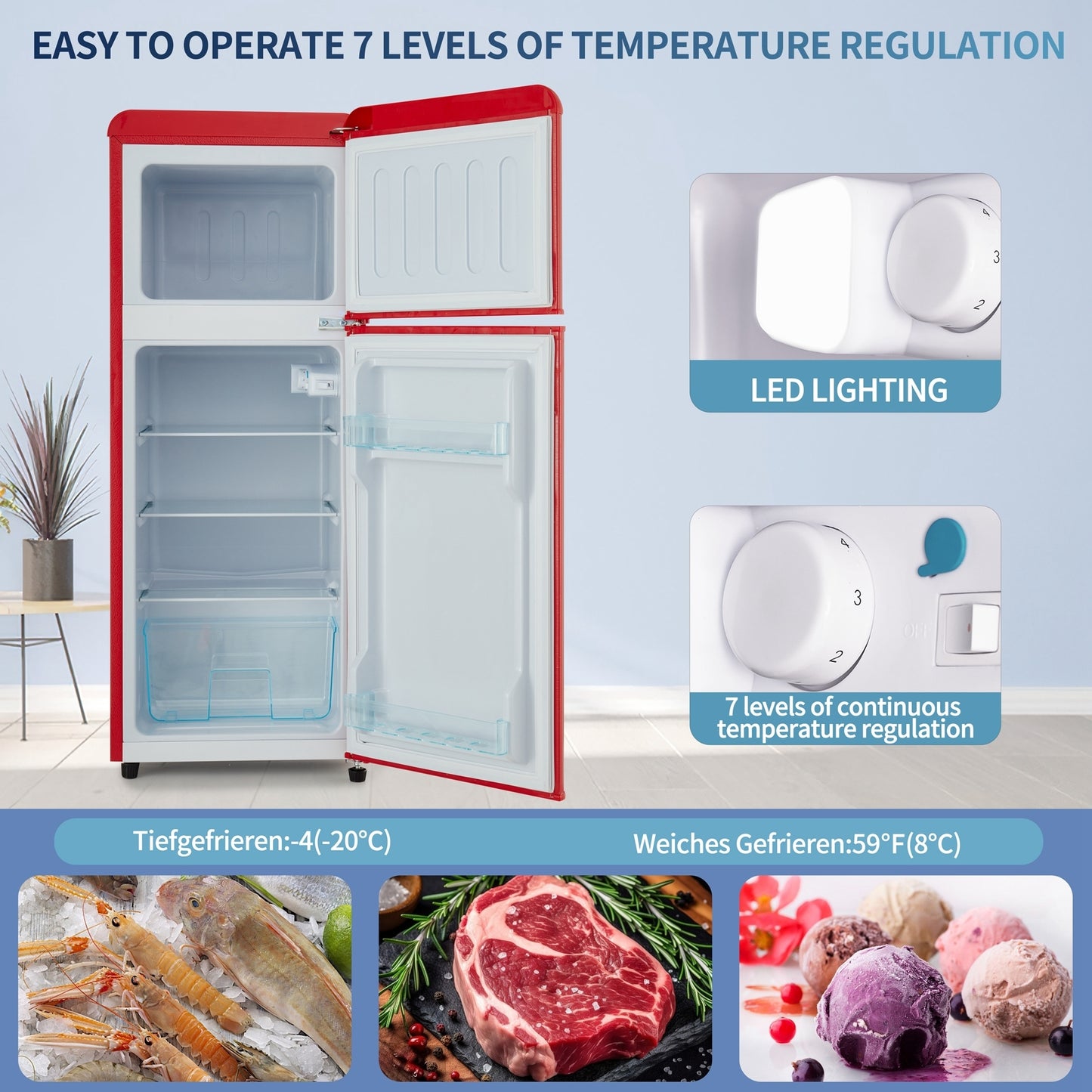 Compact Dual Zone Refrigerator with 3.3 Cu.Ft Fridge + 1.2 Cu.Ft 4-Star Freezer, 7 Temperature Settings, 45 dB, Red, Silver Handles, LED Lighting, Adjustable Shelves