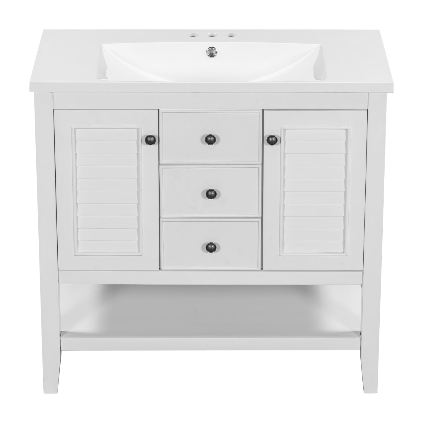 36" Bathroom Vanity with Ceramic Basin, Two Cabinets and Drawers, Open Shelf, Solid Wood Frame, White