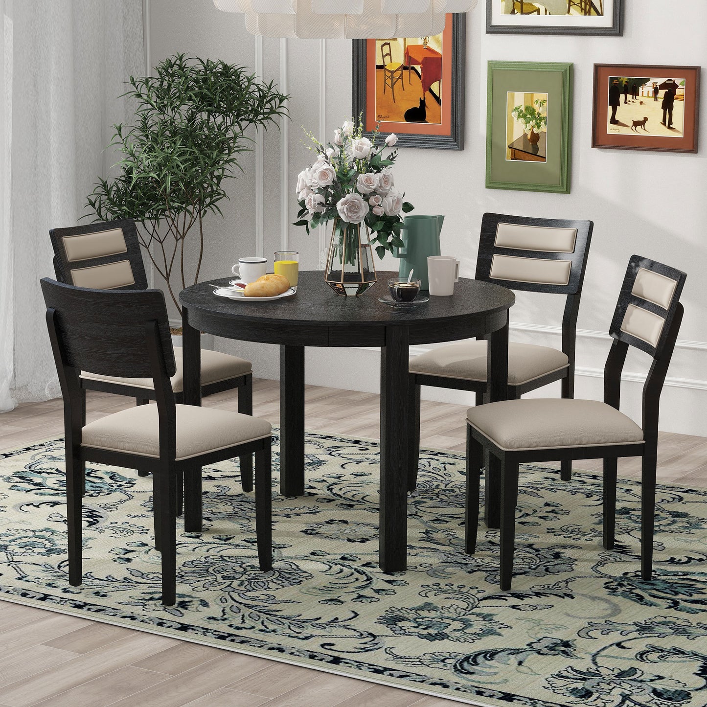 TREXM 5-Piece Multifunctional Dining Table Set, Farmhouse Dining Set with Extendable Round Table,Two Small Drawers and 4 Upholstered Dining Chairs for Kitchen and Dining Room (Black)