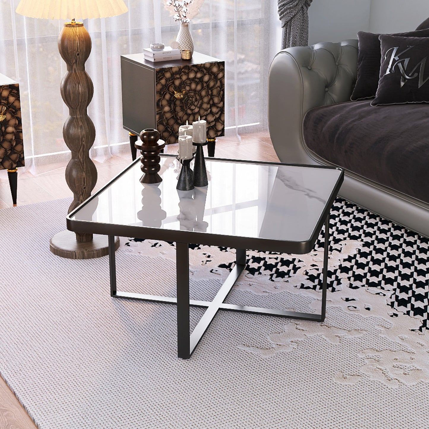 Streamlined Square Coffee Table: Black Metal Frame with Sintered Stone Tabletop